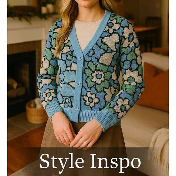 NWT Willow & Wind Blue Green Floral Recycled Yarn Cardigan (Size S) - Picture 5 of 15